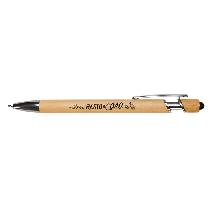 Miami Bamboo Pen - A bamboo pen featuring a wooden barrel, silver accents, and a logo. It is designed for writing.