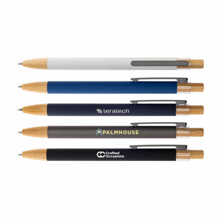 Serenity Aluminium Pen - A collection of five Serenity Aluminium Pens in various colors, featuring wooden accents and different branding options.