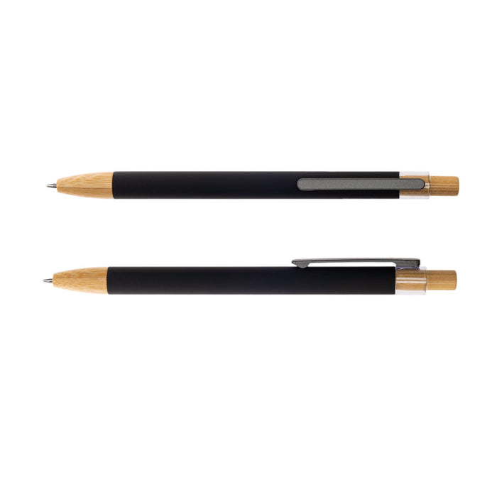 Serenity Aluminium Pen - A black metal pen with wooden accents, featuring a silver clip and a sleek design. Includes a branded logo.
