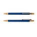 Serenity Aluminium Pen - A set of blue metal pens with bamboo accents and silver clips. Each pen features a different design.