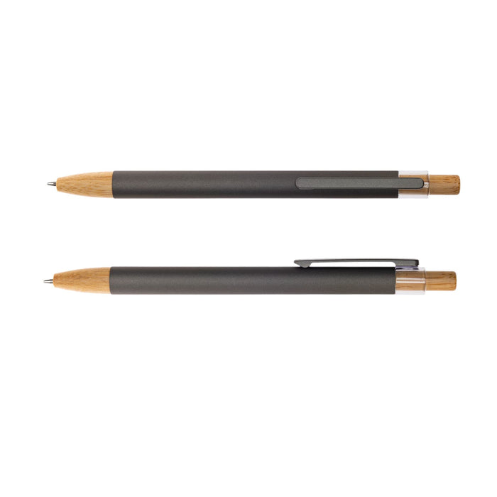 Serenity Aluminium Pen - A metal pen with a dark gray barrel and bamboo accents, featuring a clip and a clear section. It includes a logo.