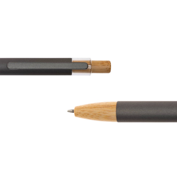 Serenity Aluminium Pen - A metal pen with a dark grey barrel and bamboo accents, featuring a clip and a visible nib. The pen has a logo.