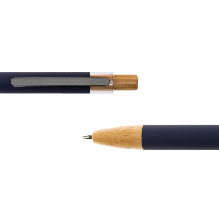 Serenity Aluminium Pen - A Serenity Aluminium Pen featuring a sleek metal body with a bamboo accent and a smooth writing tip.