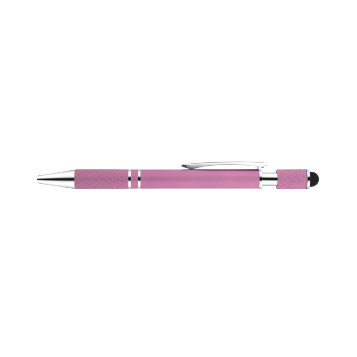 The Mindful Moment - A pink spinner pen with a textured grip and metallic accents. It features a clip and a stylus tip.