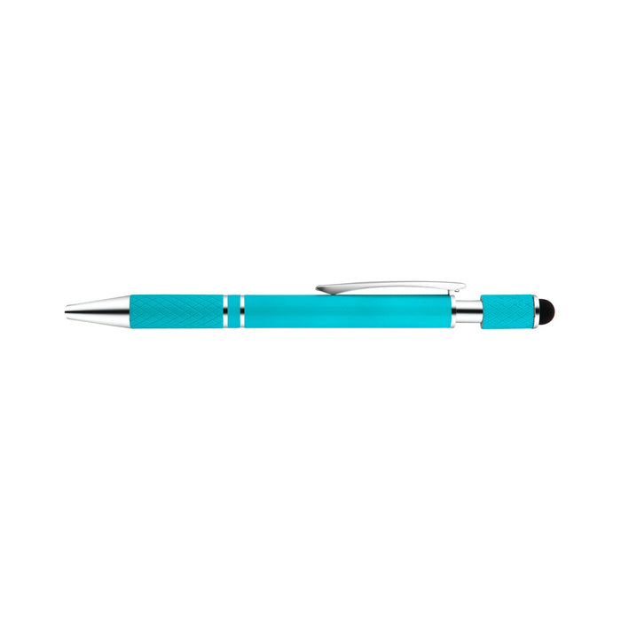 The Mindful Moment - A turquoise pen with a silver clip and tip, featuring a textured grip and a stylus on the end.