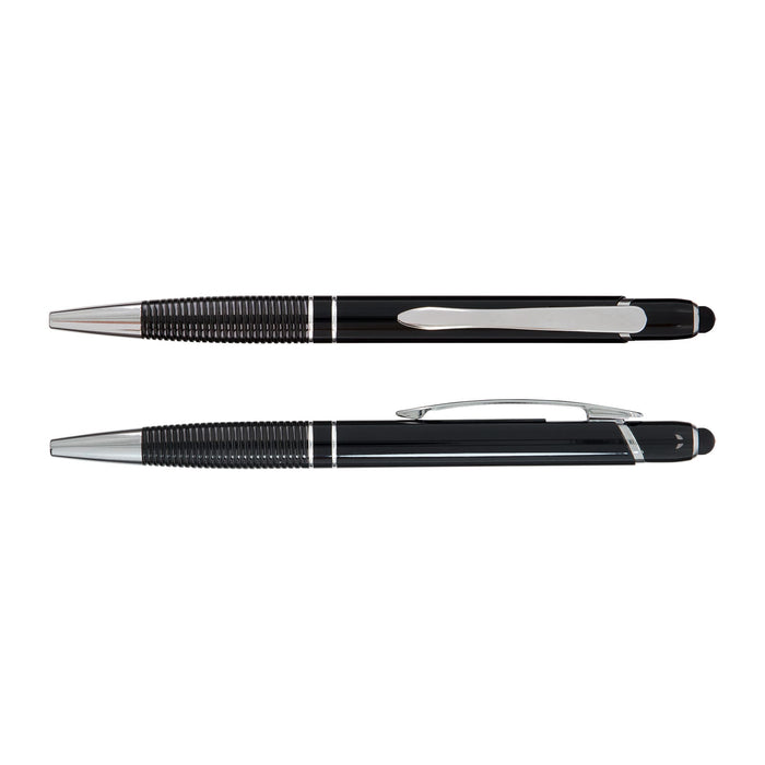 Tech Pack Power - A black aluminium pen with chrome accents, featuring a textured grip and a clip. It includes a branding logo.