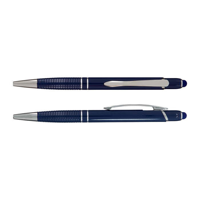 Tech Pack Power - A blue aluminium pen with a silver clip and textured grip, featuring a logo on its body.