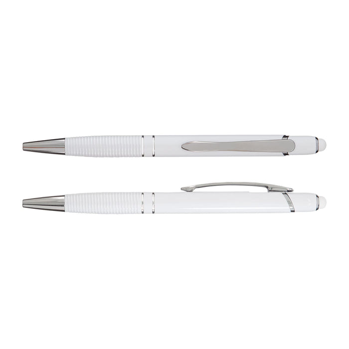 The Ultimate Welcome - Tea Edition - A white aluminium pen with silver accents, featuring a grooved grip and a clip. The pen has a sleek, modern design.