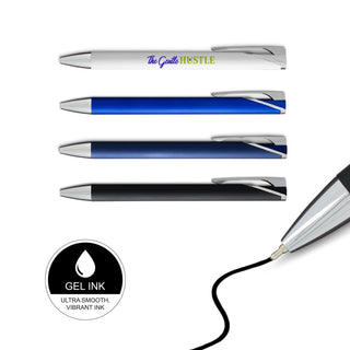 Maddie Gel Ink Pen - A set of four gel ink pens in white, blue, and black with silver accents and a logo on one pen.