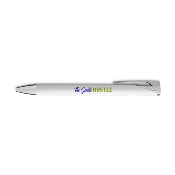 Maddie Gel Ink Pen - A gel ink pen in white with a silver clip and a branding logo printed on the barrel.