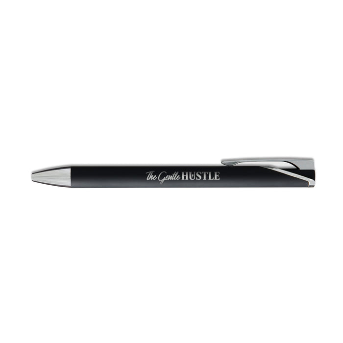 Maddie Gel Ink Pen - A black gel ink pen with a silver clip, featuring a branding logo on the barrel.