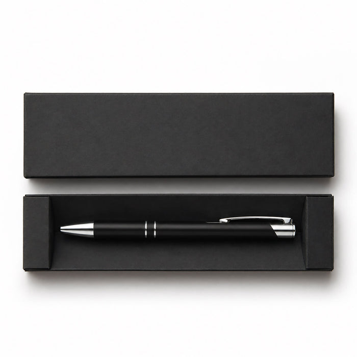 Napier Gel Ink Pen - A black gel ink pen with silver accents, presented in a sleek black box.