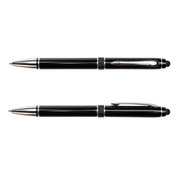 The Sweet Setup - A metal pen set featuring sleek black finishes with silver detailing and a logo.