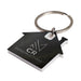 House Stainless Steel Keytag - A keytag shaped like a house in black and white, featuring a circular keyring and a logo.