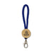 Luxeloop Keytag - A blue keytag with a wooden circular attachment featuring a logo and a metal clip.