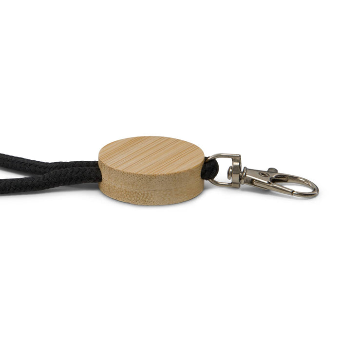 Luxeloop Keytag - A round wooden keytag with a black rope and a metal clip, featuring a natural bamboo finish.