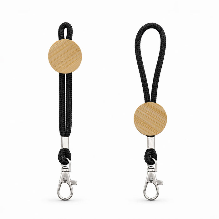 Luxeloop Keytag - A keytag with a round wooden accent and a black rope strap, featuring a metal clasp for attachment.