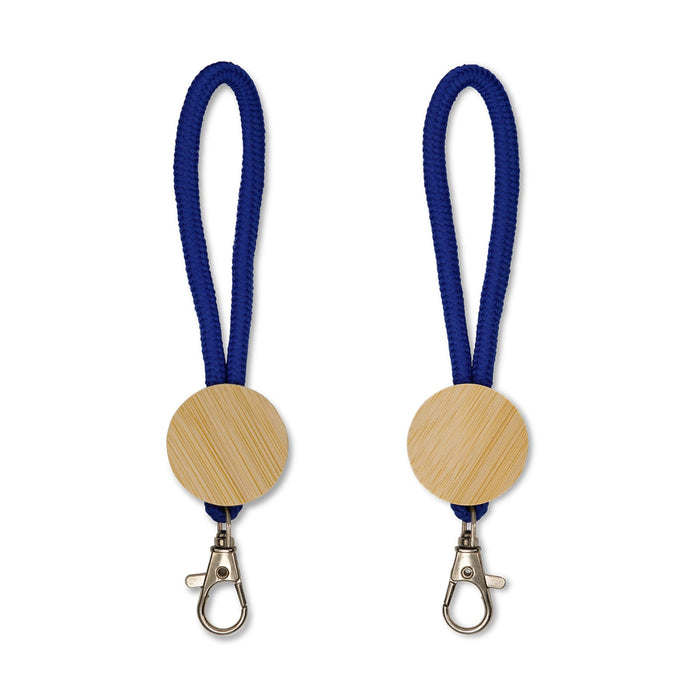 Luxeloop Keytag - Two keytags with a round wooden disc and a navy blue fabric strap, featuring a metal clip for attachment.