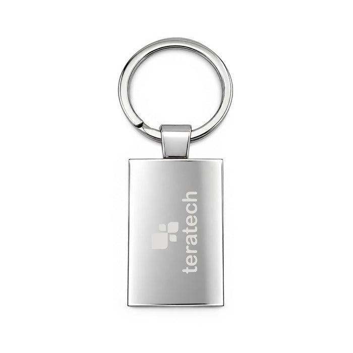 Frame Keytag - A silver frame keytag with a round keyring and a smooth rectangular surface. Features a logo on the front.