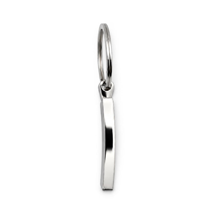 Frame Keytag - A silver keytag with a sleek, polished design, featuring a keyring for attachment.