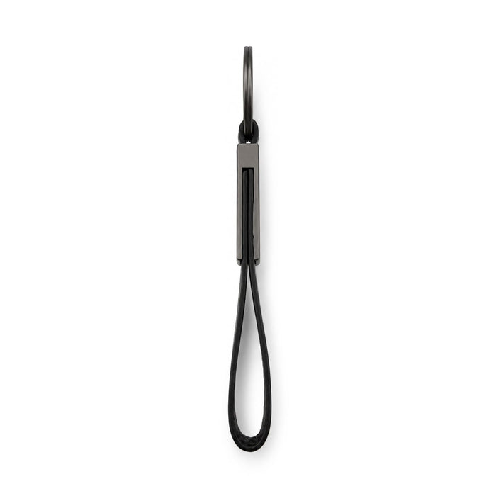 Zander Keytag - A black keytag with a loop design, featuring a metallic attachment at the top. It has a logo on the surface.