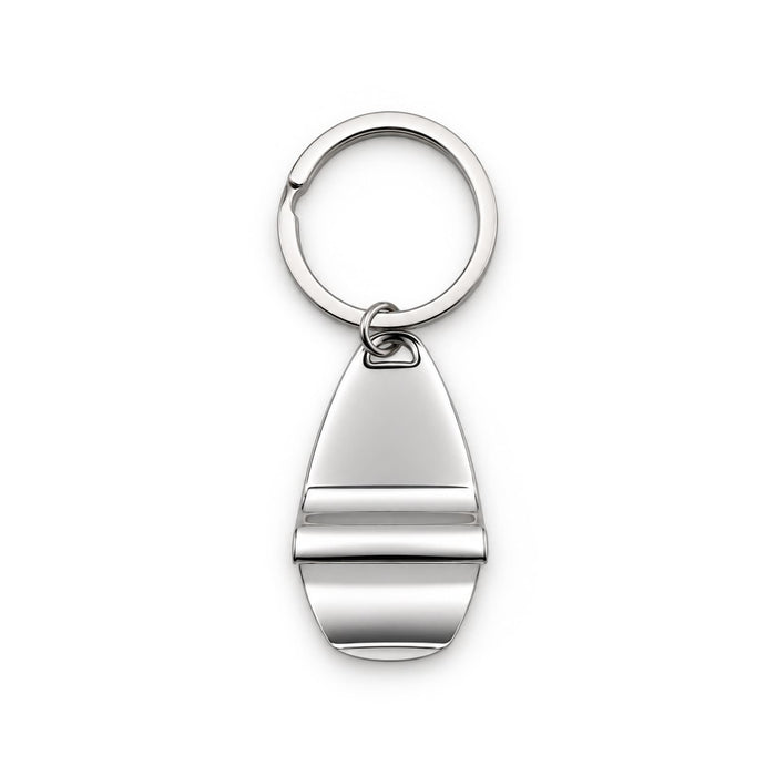 Moby Keytag - A silver keytag in the shape of a boat, attached to a circular metal keyring.