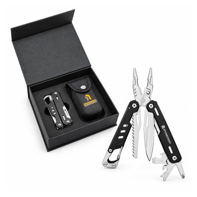 Trail Multi Tool - A multi-tool with black handles and multiple stainless steel tools, displayed with a black box and pouch.