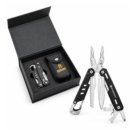 Trail Multi Tool - A multi-tool with black handles and multiple stainless steel tools, displayed with a black box and pouch.