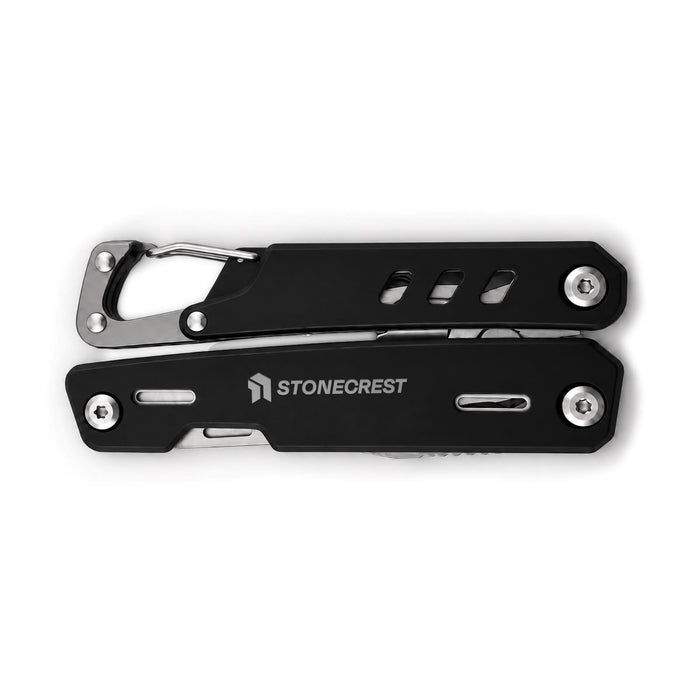 Trail Multi Tool - A black multi-tool with a carabiner clip, featuring various tools and a logo.