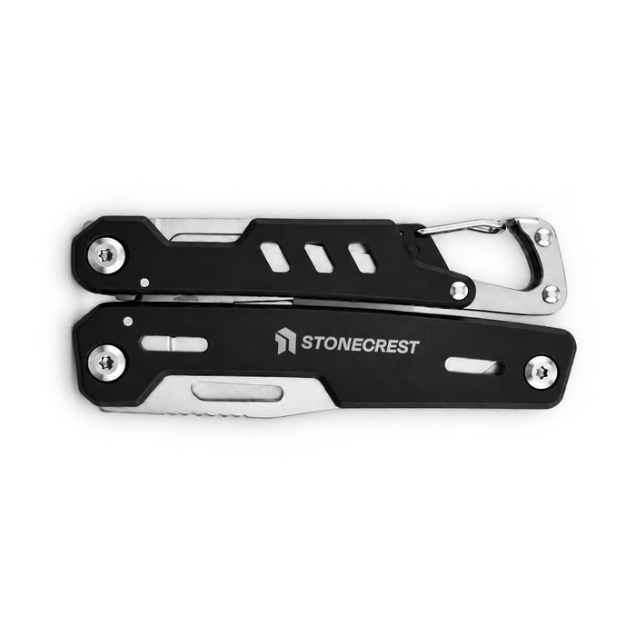 Trail Multi Tool - A black and silver multi-tool with a carabiner and various folding components. It has a logo on one side.