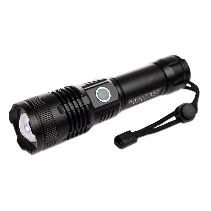 Lumi Rechargeable Torch - A black rechargeable torch featuring a round head, a side button, and a wrist strap for convenience.