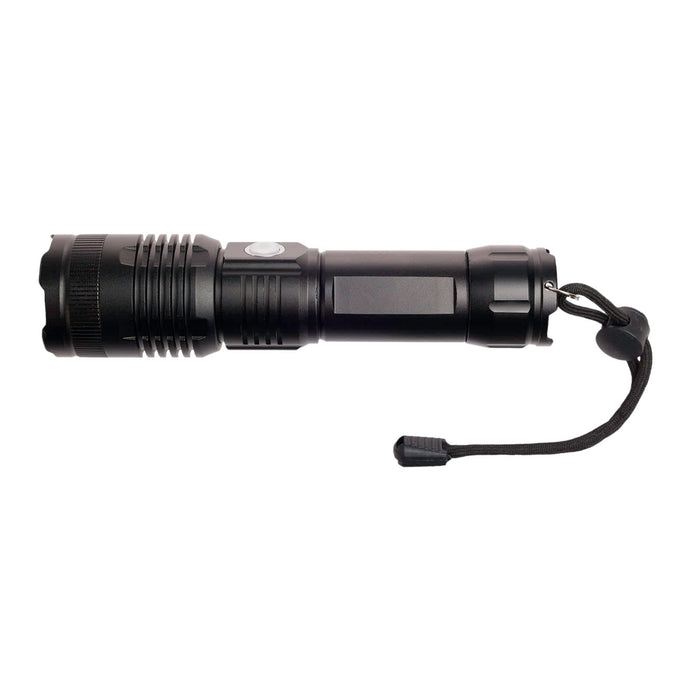 Lumi Rechargeable Torch - A rechargeable torch featuring a sleek black design, a textured grip, and a convenient lanyard.