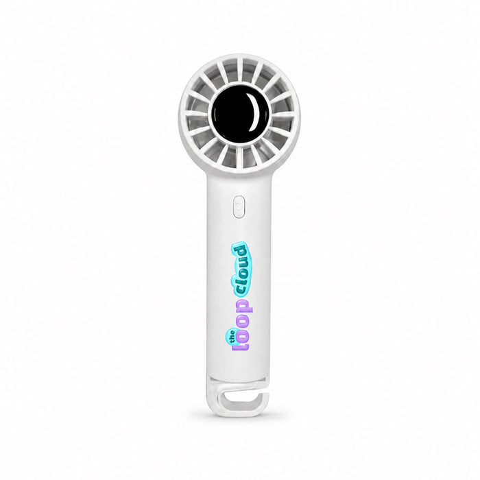 Nomad Rechargeable Fan - A white portable fan with a round grille design and a logo on the handle.
