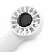 Nomad Rechargeable Fan - A white rechargeable fan with a circular black grill, featuring a power button on the handle and a minimal design.