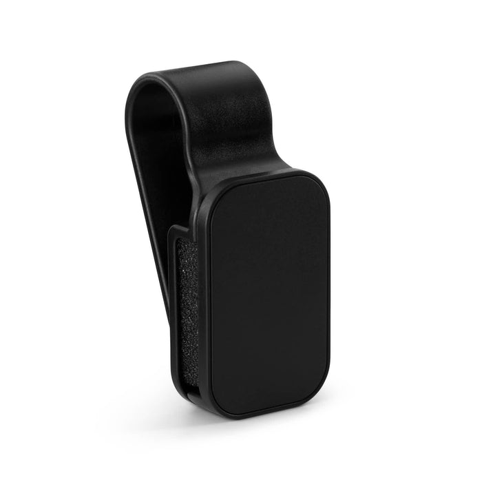 Visor Glasses Holder - A black visor glasses holder with a sleek design and a textured grip on the back. It features a simple clip mechanism.