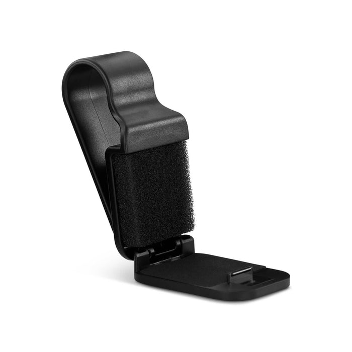 Visor Glasses Holder - A black visor glasses holder with a secure clip and a textured grip pad for holding glasses or sunglasses.
