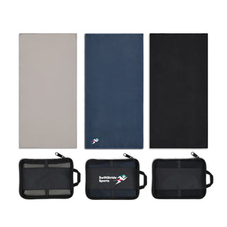 Vision Sports Towel - A set of three sports towels in grey, blue, and black, displayed with a mesh storage pouch featuring a logo.