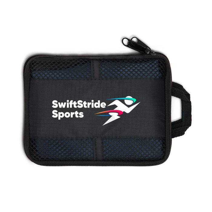 Vision Sports Towel - A black zippered pouch with a mesh pocket and a logo. Designed for storing sports accessories or towels.