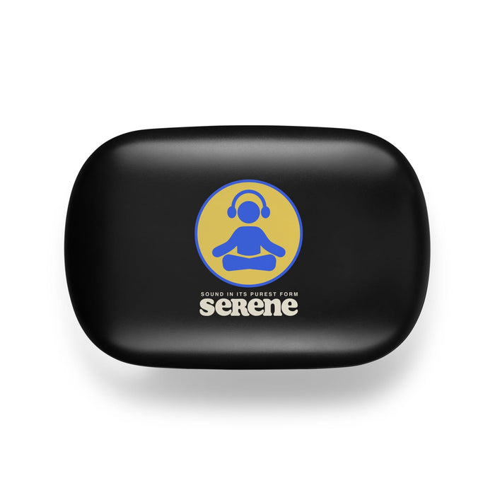 Loop Earbuds - A black earbuds case featuring a logo with a seated figure wearing headphones and the word "serene" underneath.