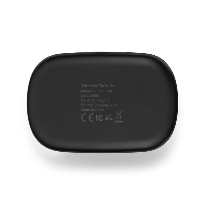 Loop Earbuds - A black charging case for wireless earbuds featuring model information and specifications on the underside.
