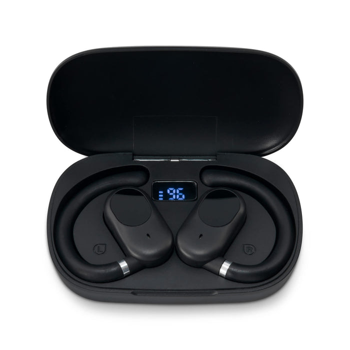 The Hustle Pack - Black ear buds sitting in a charging case, featuring a digital display on the inside of the lid.