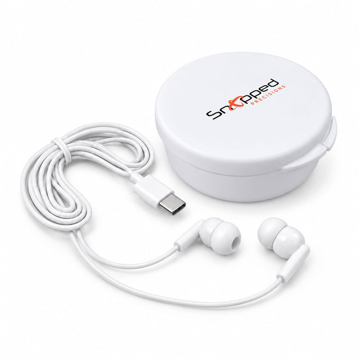 Nico Type C Earbuds - White Type C earbuds with a charging cable, stored in a rounded white case featuring a logo.