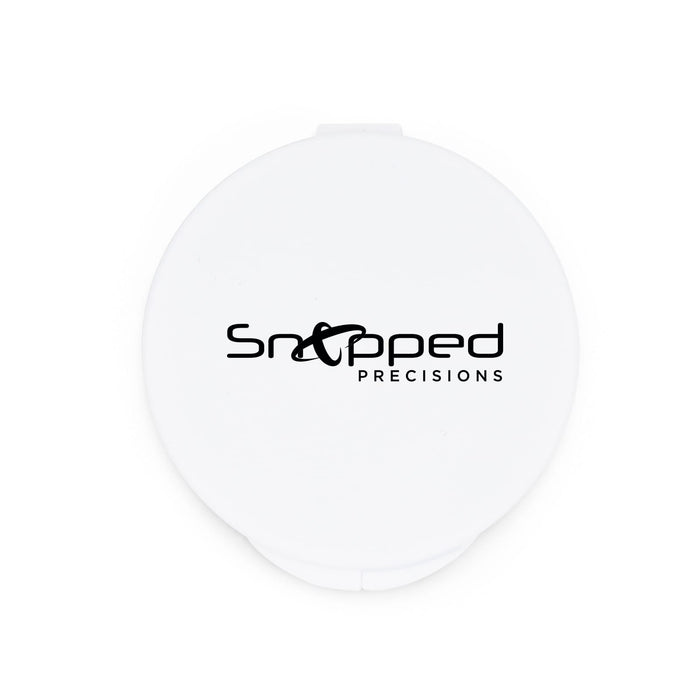 Nico Type C Earbuds - A white circular case with a logo on the front featuring the text 'Snapped Precisions'.