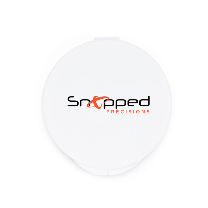 Nico Type C Earbuds - A white circular container with a logo in black and orange featuring the text "Snapped Precisions".