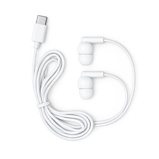Nico Type C Earbuds - White Type C earbuds with a long cable, featuring a simple design and connector. Includes a logo.