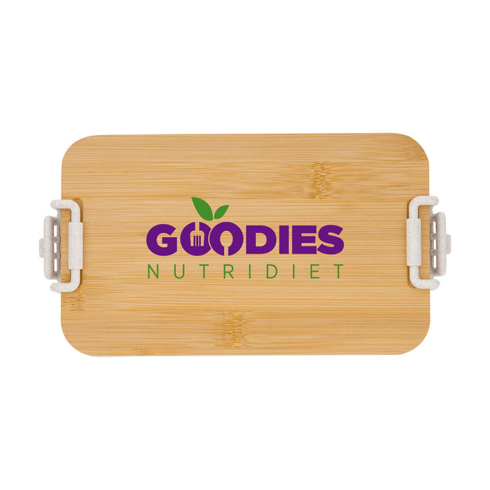 Lunch & Latte Kit - A bamboo lunch box with a dual-compartment design and a logo on the top. It features white clips for fastening.