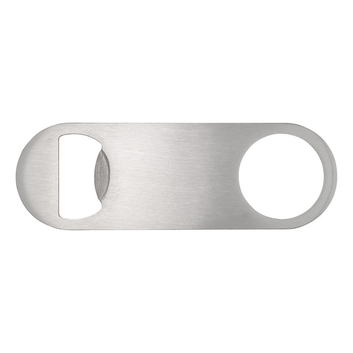 The Reel Deal - A drink bottle opener in stainless steel with a sleek, minimalist design and a circular opening for gripping.