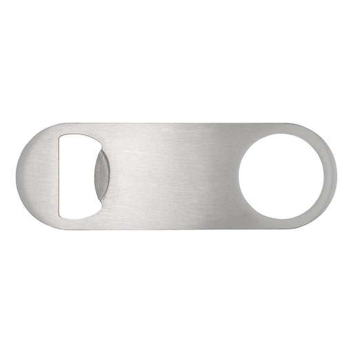 The Knock Off Pack - A drink bottle opener in stainless steel with a sleek, minimalist design and a circular opening for gripping.