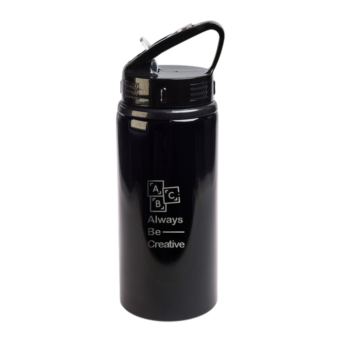 Amore 500ml Junior Bottle - Flip Straw Lid - A drink bottle in black with a flip straw lid and a handle. Features a logo design.