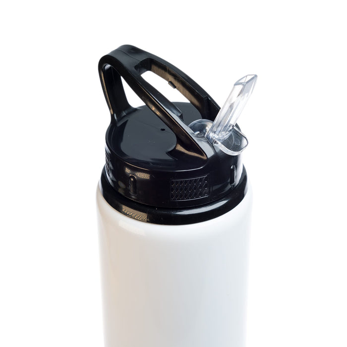 Amore 500ml Junior Bottle - Flip Straw Lid - A drink bottle in white with a black flip straw lid and a handle. It features a logo on the body.